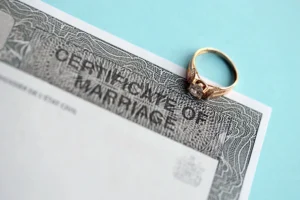 USA marriage Certificate blank document and wedding ring