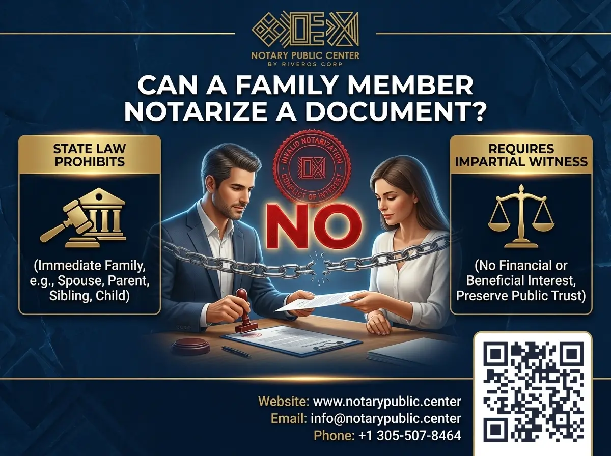 If you find yourself asking, "can a family member notarize a document?", the direct and definitive answer is no. In almost all U.S. states, including Florida, a notary public is strictly prohibited by law from notarizing a signature for an immediate family member—such as a spouse, parent, sibling, or child. Doing so creates a direct conflict of interest that instantly invalidates the notarization and compromises the entire document. When dealing with real estate closings, wills, power of attorney forms, or vital administrative records, the core purpose of a notary is to act as an objective, unbiased witness. A relative cannot fulfill this role. Relying on a family member to stamp your paperwork out of convenience is a high-risk administrative mistake that often leads to rejected applications, frozen transactions, and costly delays. Instead of risking the legal standing of your paperwork, the administrative specialists at Notary Public Center provide rapid, impartial, and fully compliant notarization services. We ensure your documents are executed flawlessly according to state statutes, removing the friction and risk of improper witnessing. Can a Family Member Legally Notarize? In most U.S. states, a notary public should avoid notarizing documents for immediate family members such as parents, siblings, spouses, or children. The reason is simple: it creates a conflict of interest. Even if technically allowed in some jurisdictions, many states prohibit it to preserve impartiality and avoid legal challenges.