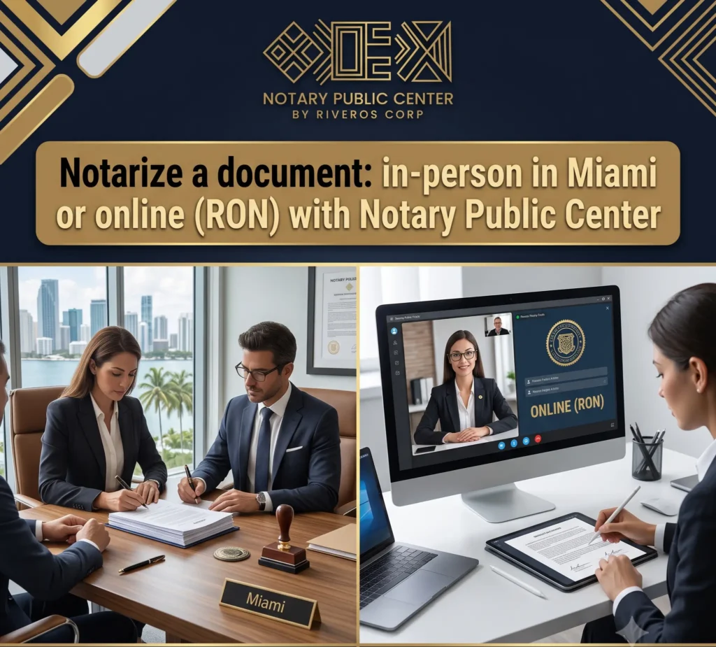 Notarize a document in person in Miami or online RON with Notary Public Center