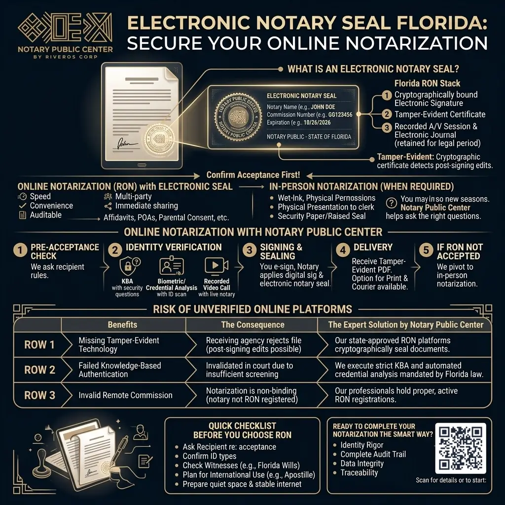 What exactly is an electronic notary seal in Florida? An electronic notary seal is the digital counterpart of the traditional rubber stamp. It includes the notary’s name, commission number, commission expiration, and the word “Notary Public – State of Florida” (or equivalent statutorily compliant text), and it’s applied within a digital document as part of an online notarization. A compliant Florida RON stack typically includes: The notary’s electronic signature (cryptographically bound). The electronic notary seal (a visual seal embedded in the file). A tamper-evident certificate showing date/time and whether changes occurred after finalization. A recorded audio-video session and electronic journal retained by the notary or platform for the period required by law. This combination provides a clear chain of trust: who signed, when they signed, how identity was verified, and whether the file stayed intact. Is a digital notary seal “the same” as a wet-ink stamp? Often, yes—in many cases a Florida online notarization with an electronic notary seal carries the same legal effect as a traditional notarization performed face-to-face. Courts, agencies, lenders, and private institutions have increasingly adopted digital workflows and accept tamper-evident PDFs. However, acceptance is not universal. A few recipients: Still require wet-ink signatures and a physical stamp. Accept digital signatures but ask for in-person notarization. Accept RON only from specific platforms or with extra certifications. Therefore, confirm acceptance first. When in doubt, we’ll help you ask the right questions so you select the method your recipient will approve.