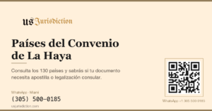 Países del Convenio de La Haya: tarjeta de US Jurisdiction con el teléfono de la oficina de Miami (305) 507-8464 y un código QR para escribir por WhatsApp