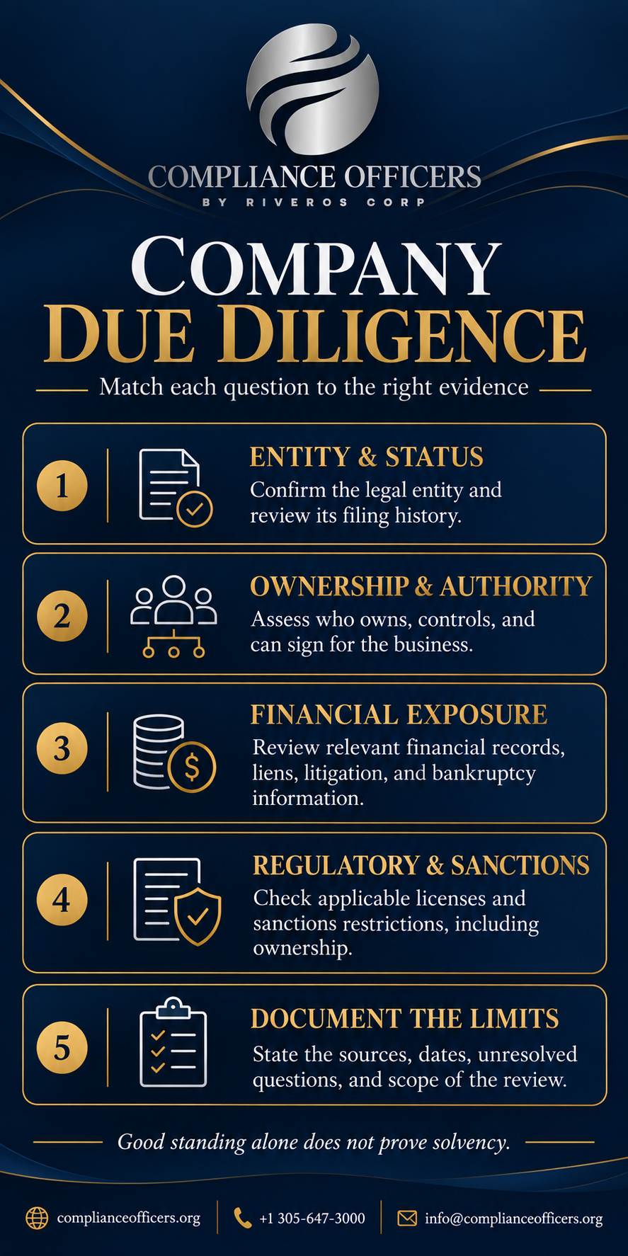 Company due diligence infographic: entity status, ownership, financial exposure, sanctions, and review limits